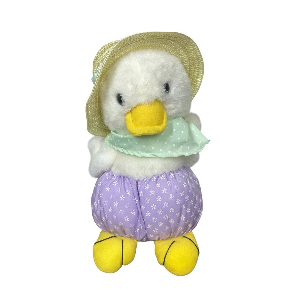 Vtg Dan Dee White Stuffed Plush Chick Duck with Straw Sun Hat Easter Spring 12"